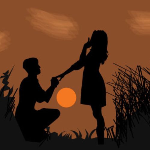 A smiling couple exchanging flowers near a scenic waterfront during golden hour.