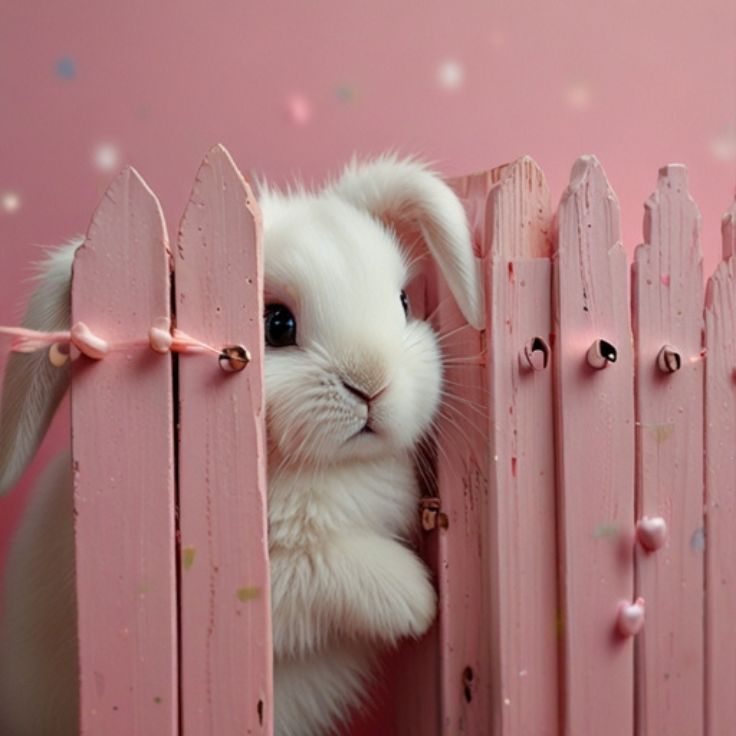 A cute white bunny peeking over a pink wooden fence with big sparkling eyes and soft fur. The pastel pink background has small floating hearts, creating a dreamy and adorable atmosphere.