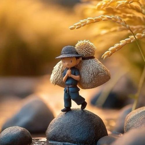 A miniature farmer carrying a heavy bundle of harvested rice, walking on stones near a golden rice field.