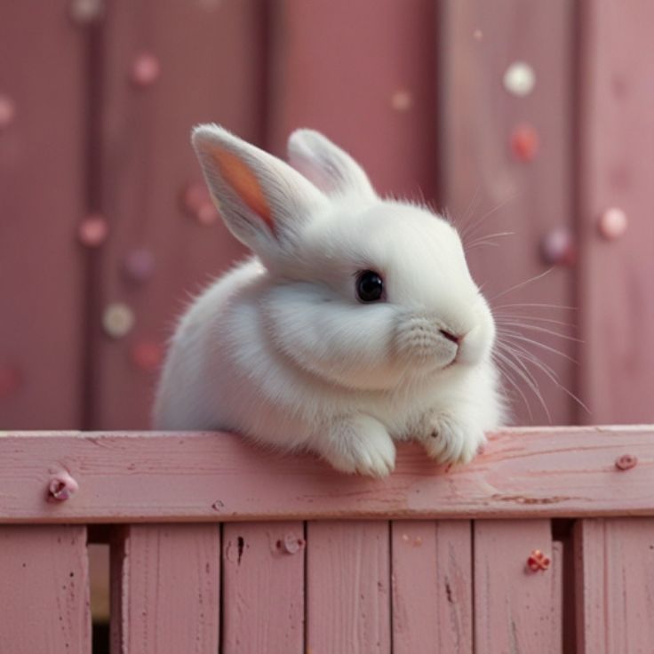 A cute white bunny peeking over a pink wooden fence with big sparkling eyes and soft fur. The pastel pink background has small floating hearts, creating a dreamy and adorable atmosphere.