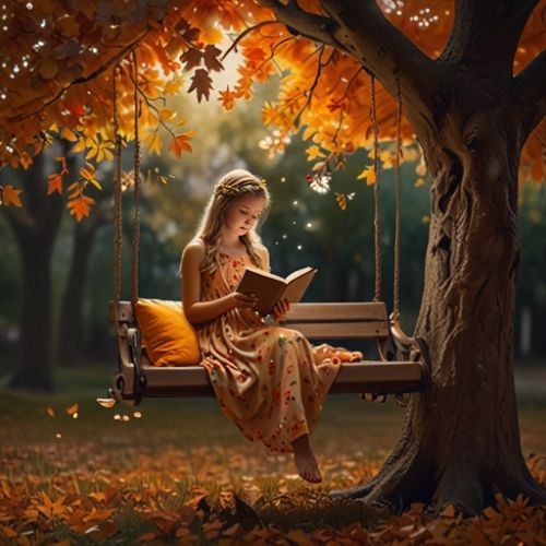 A young girl in a flowing dress sitting on a flower-adorned swing under a golden autumn tree, reading a book in a dreamy, warm-toned landscape.