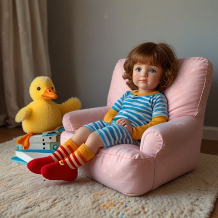 A vintage-style doll with curly brown hair, dressed in a blue outfit with yellow accents, sitting on a soft pink armchair. The cozy setting includes plush animal toys—a white bunny and two yellow ducklings—on a pastel-colored rug, with a warm and nostalgic atmosphere.