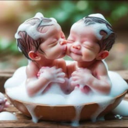 Two tiny baby dolls covered in bubbly foam, playfully sitting in a wooden bowl, sharing a sweet moment.