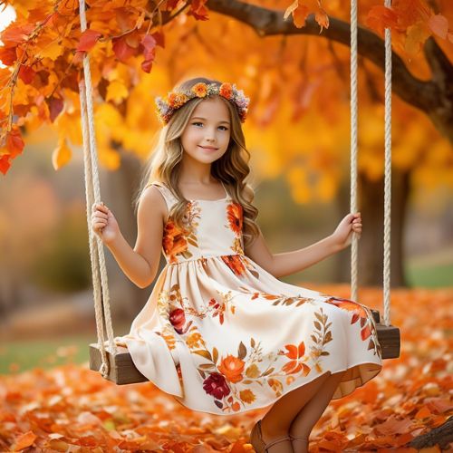 A young girl in a flowing dress sitting on a flower-adorned swing under a golden autumn tree, reading a book in a dreamy, warm-toned landscape.