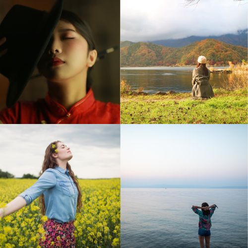 Collage of four peaceful girl DP images: a woman in a red dress with a hat, a lady sitting by a scenic lake, a girl enjoying a field of yellow flowers, and another standing by the calm sea with open arms.