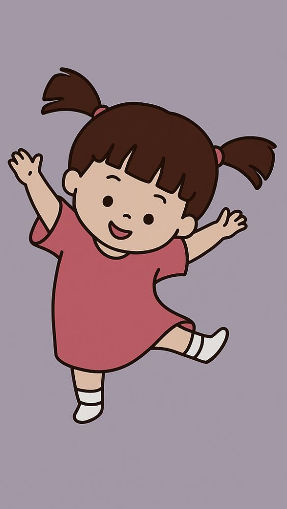 Cartoon of a happy little girl with pigtails in a pink dress dancing on a purple background.