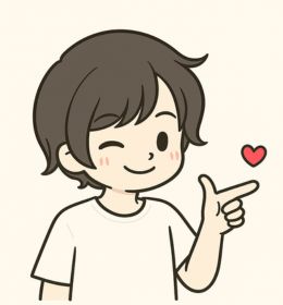 A cute cartoon-style boy with short brown hair, wearing a white t-shirt, winking and pointing with his fingers while a small red heart floats nearby.