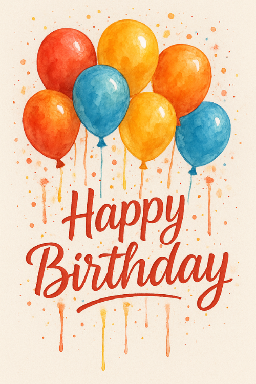Watercolor-style birthday card with six colorful balloons—two red, two yellow, and two blue—hovering above a handwritten 'Happy Birthday' message with paint splatters in the background.