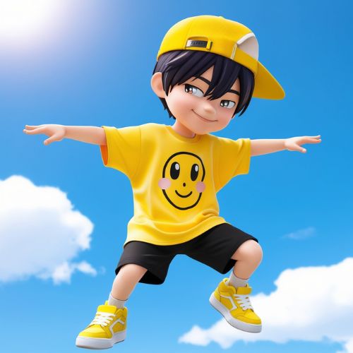 A cute 3D anime-style boy character with short dark hair, wearing a yellow cap turned backward, an oversized yellow t-shirt with a cartoon face design, black shorts, and yellow sneakers.