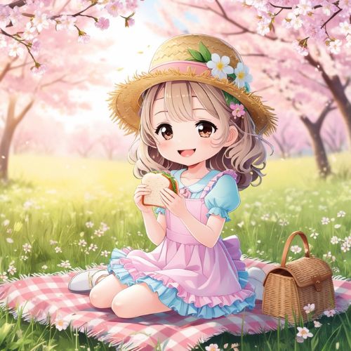 A cute anime-style girl sitting on a picnic blanket in a blooming flower field. She has light brown wavy hair, a straw hat with flowers on it, and wears a pastel dress with frills.
