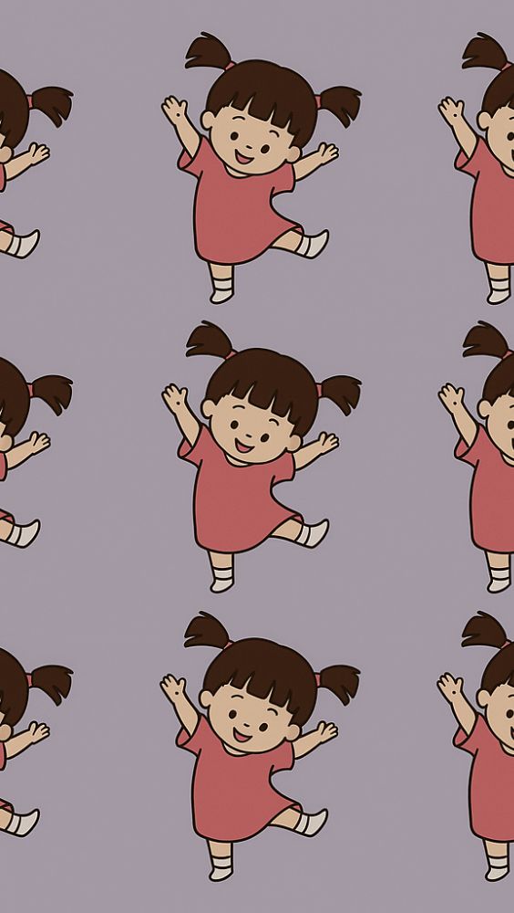 Cartoon of a happy little girl with pigtails in a pink dress dancing on a purple background.