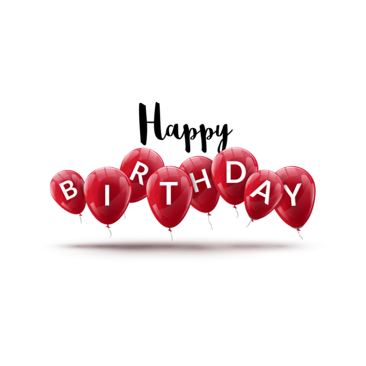 Red balloons spelling "Birthday" with elegant "Happy" text above on white background.