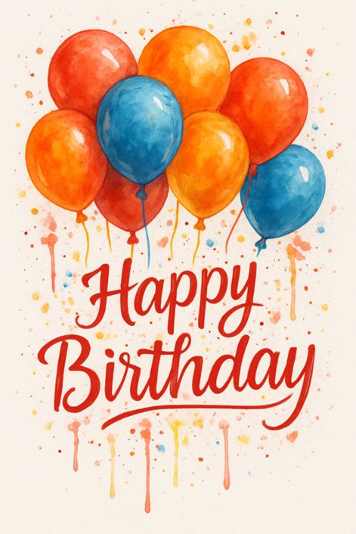 Watercolor-style birthday card with six colorful balloons—two red, two yellow, and two blue—hovering above a handwritten 'Happy Birthday' message with paint splatters in the background.