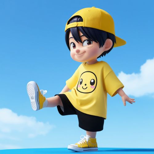 A cute 3D anime-style boy character with short dark hair, wearing a yellow cap turned backward, an oversized yellow t-shirt with a cartoon face design, black shorts, and yellow sneakers.