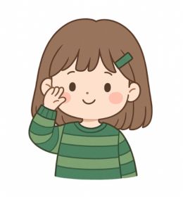 A cute 2D digital illustration of a young girl with straight brown hair and bangs, wearing a green-striped sweater and a green hair clip. She is smiling and waving with her right hand. The background is white.