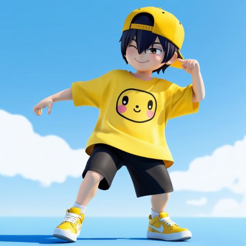 A cute 3D anime-style boy character with short dark hair, wearing a yellow cap turned backward, an oversized yellow t-shirt with a cartoon face design, black shorts, and yellow sneakers.