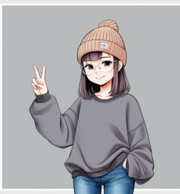 A cute anime-style girl character doing a peace sign with one hand. She has shoulder-length dark hair tied in a half-up ponytail,