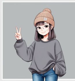 A cute anime-style girl character doing a peace sign with one hand. She has shoulder-length dark hair tied in a half-up ponytail,