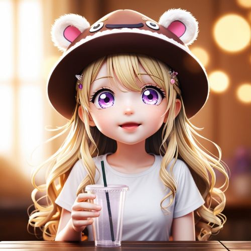 A cute anime-style girl sitting on a picnic blanket in a blooming flower field. She has light brown wavy hair, a straw hat with flowers on it, and wears a pastel dress with frills.