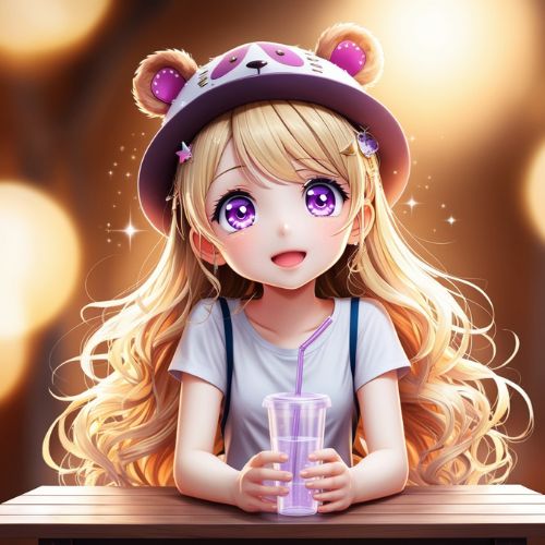 A cute anime-style girl sitting on a picnic blanket in a blooming flower field. She has light brown wavy hair, a straw hat with flowers on it, and wears a pastel dress with frills.