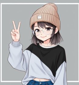 A cute anime-style girl character doing a peace sign with one hand. She has shoulder-length dark hair tied in a half-up ponytail,