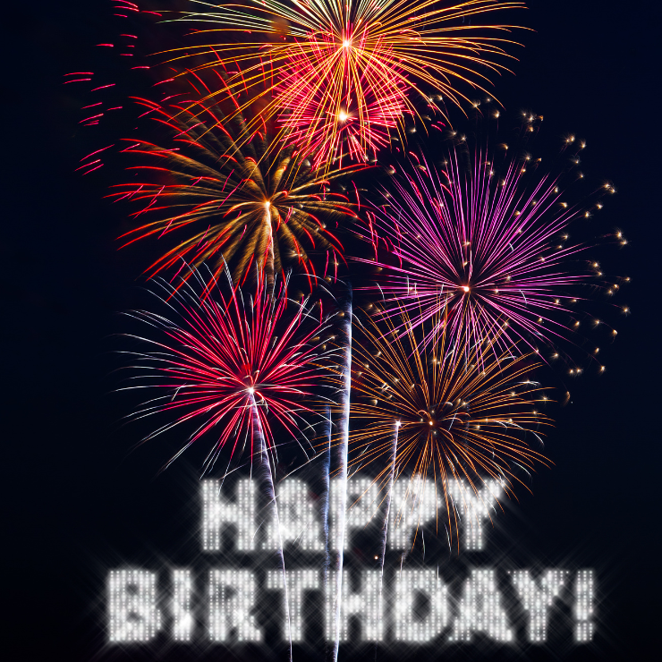 Colorful fireworks light up the night sky with a sparkling "Happy Birthday!" message at the bottom.
