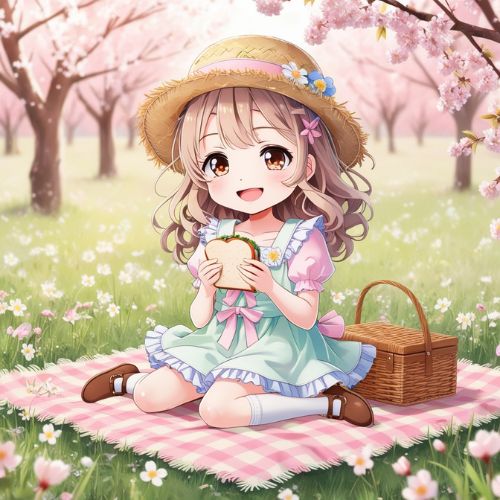 A cute anime-style girl sitting on a picnic blanket in a blooming flower field. She has light brown wavy hair, a straw hat with flowers on it, and wears a pastel dress with frills.