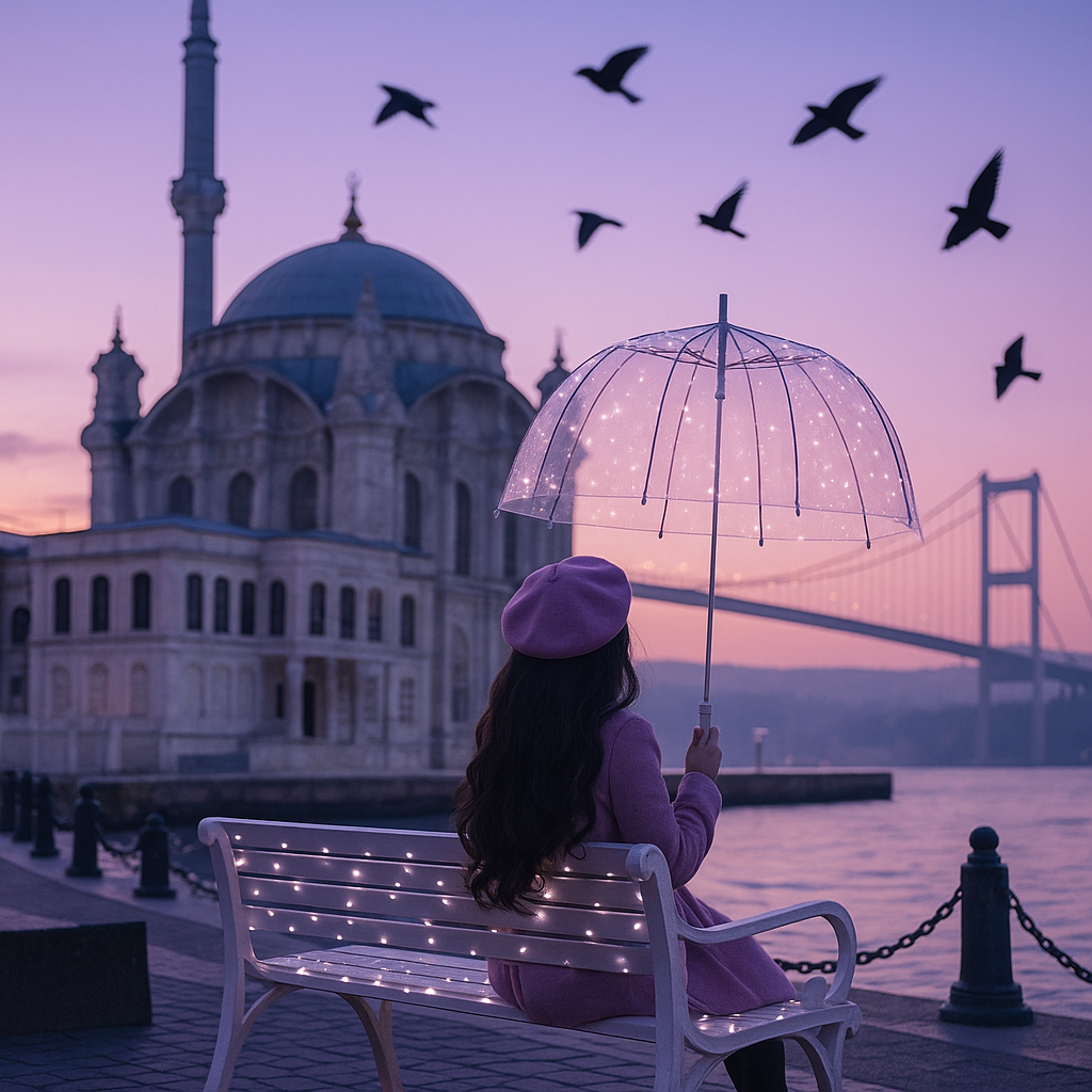 A young woman with long dark hair sits on a white bench adorned with fairy lights