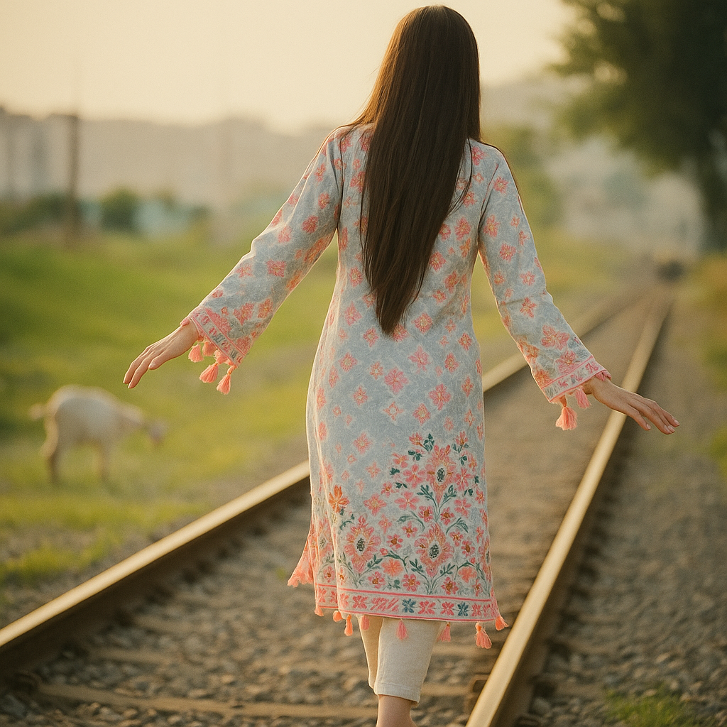 Girl with long hair walking on railway track in floral dress during sunset