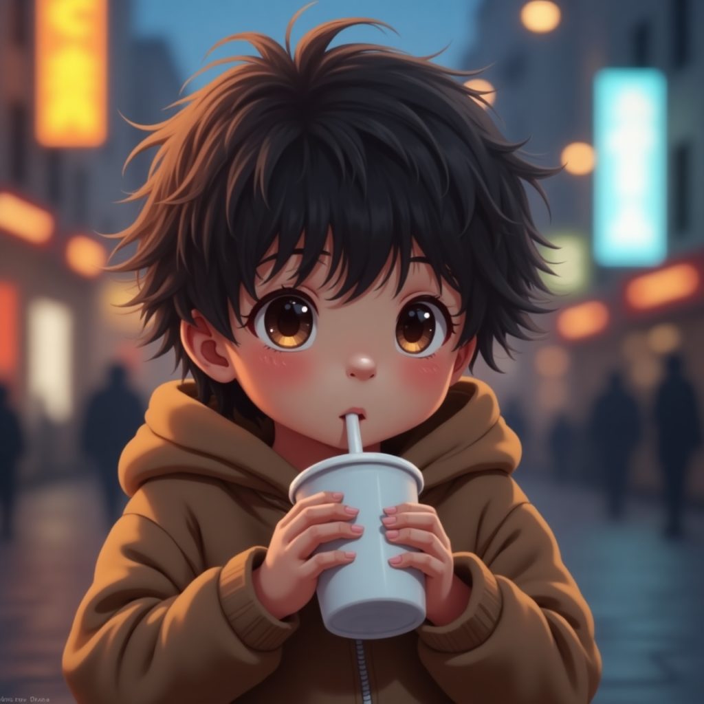 This is a cute, anime-style illustration of a young child with big eyes and dark hair, sipping a drink through a straw while wearing a hoodi