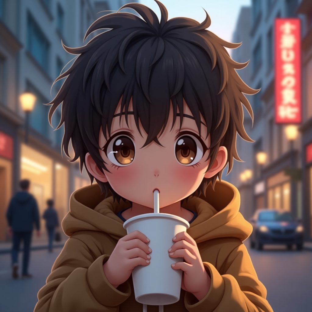 child with big eyes and dark hair, sipping a drink