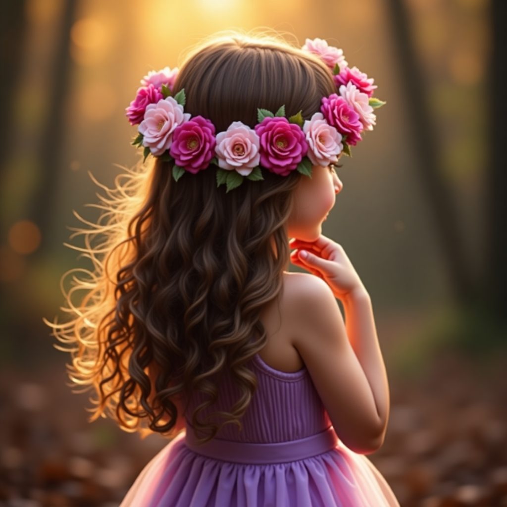 Child with long brown hair wearing a flower headband and purple outfit, posing in a dreamy, blurred background