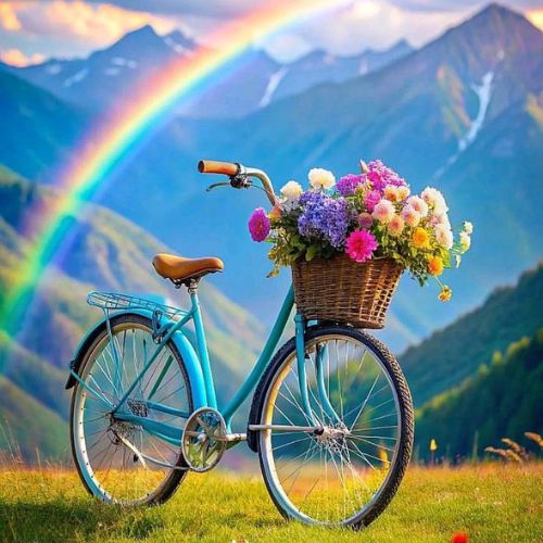 A bicycle with a flower-filled basket rests on grass, with a vibrant rainbow arching in the background