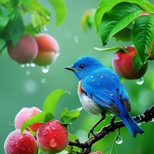 A blue bird perched on a tree branch surrounded by red apples