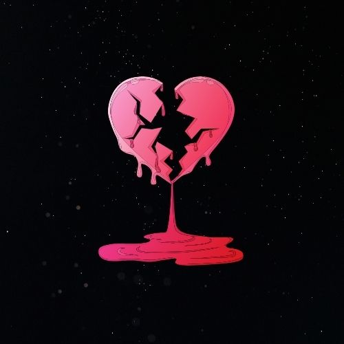 A broken heart with pink liquid dripping from it symbolizing heartbreak and emotional pain