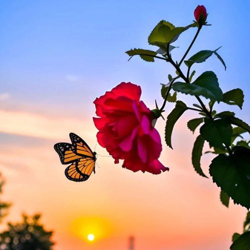 A butterfly hovers above a rose, illuminated by the warm hues of a sunset in the background