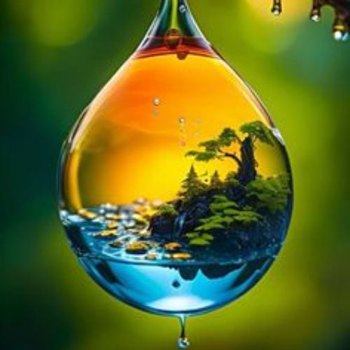 A close-up of a water droplet reflecting a tree, symbolizing nature's beauty and interconnectedness