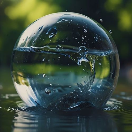 A colorful water ball floats gently on the surface of the water, reflecting light and creating ripples around it