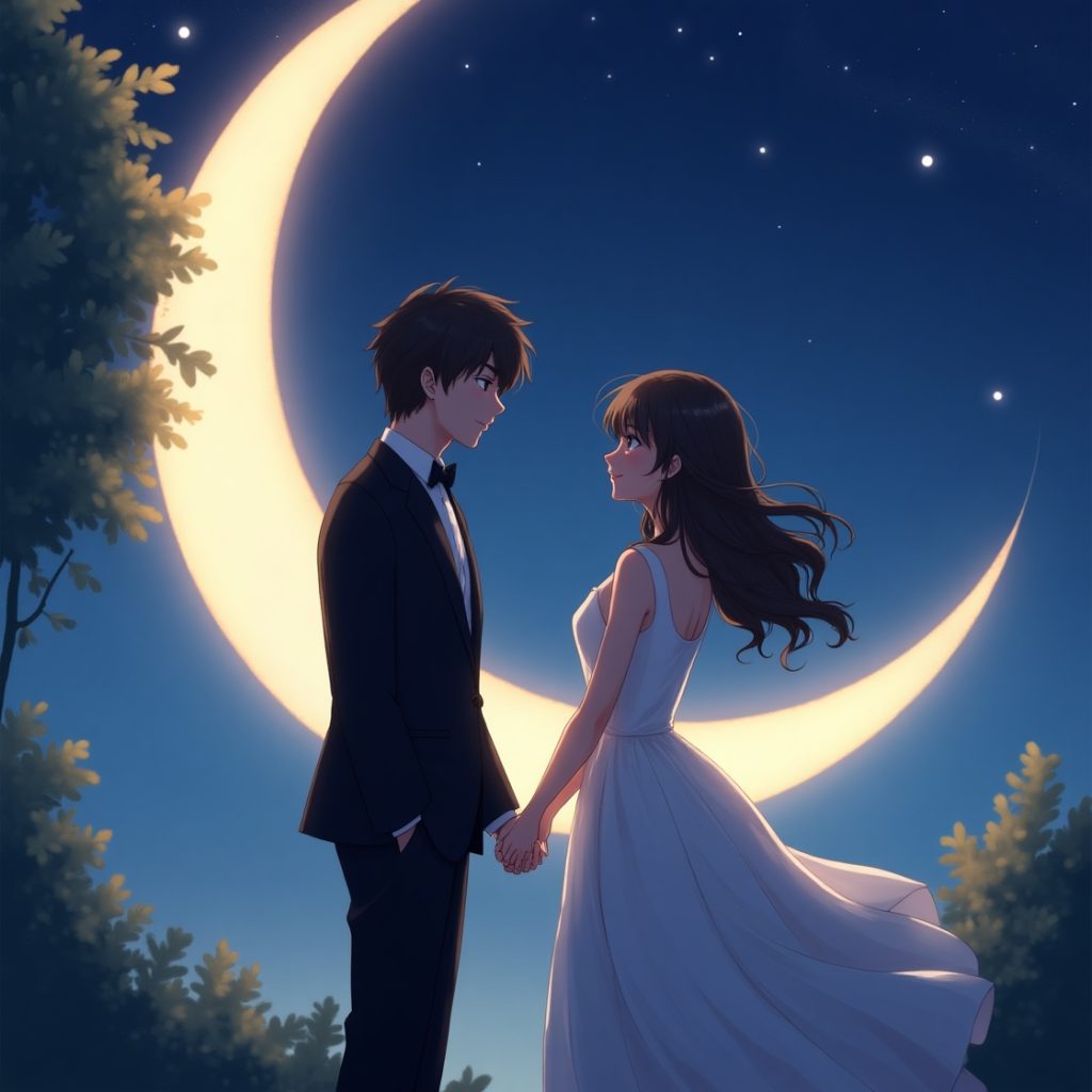 A couple shares a romantic kiss under a crescent moon