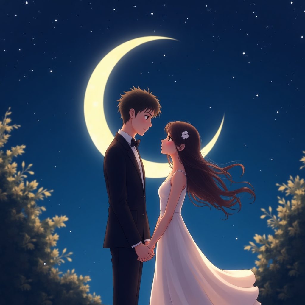 A couple shares a romantic kiss under a crescent moon, surrounded by a serene night sky