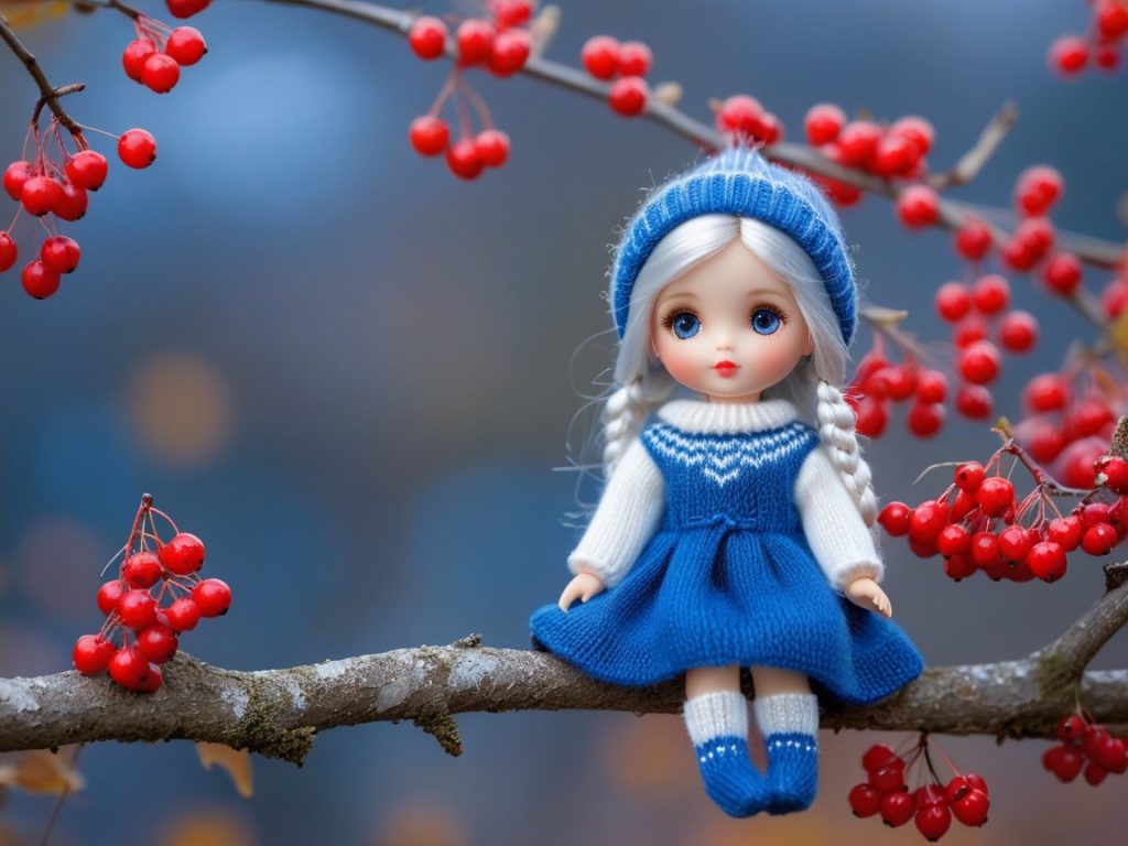 A doll perched on a branch adorned with bright red berries, surrounded by green leaves