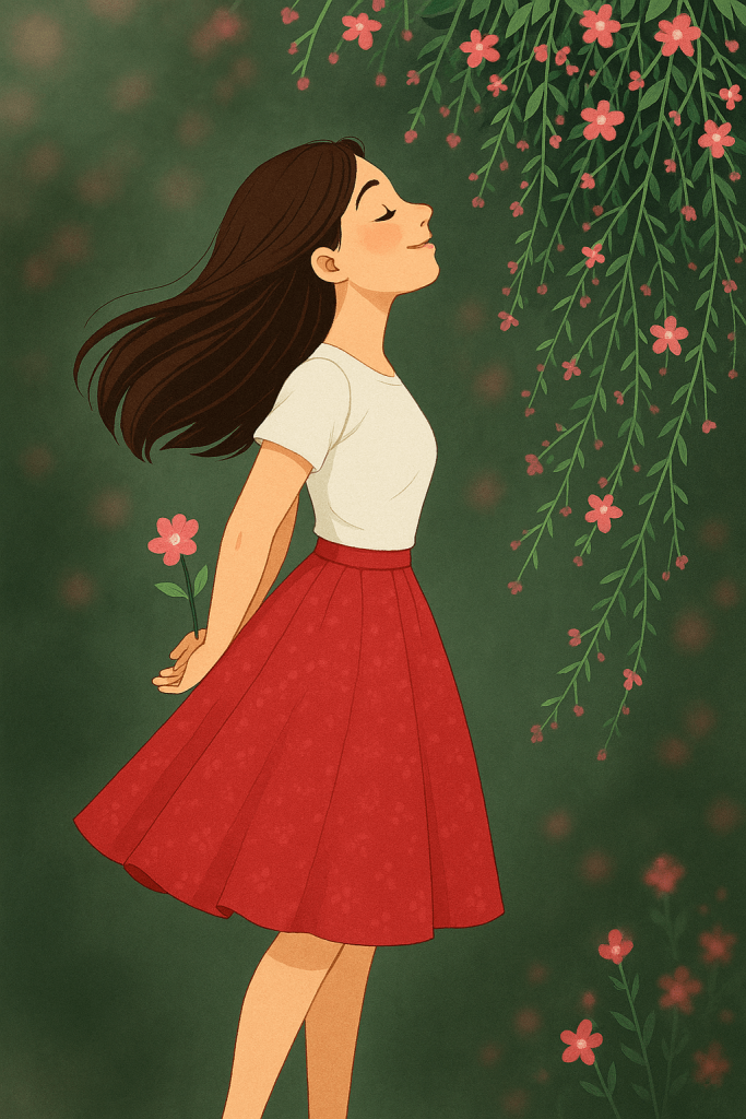 A girl in a red dress and skirt stands in front of a bush