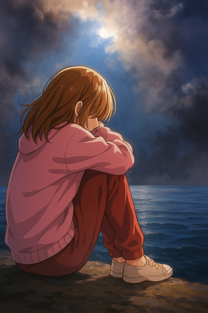 A girl sits on a rock's edge, gazing thoughtfully at the bright moon in a clear night sky