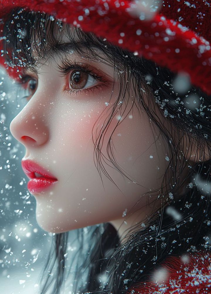 A girl with long black hair wearing a bright red hat, smiling and looking towards the camera