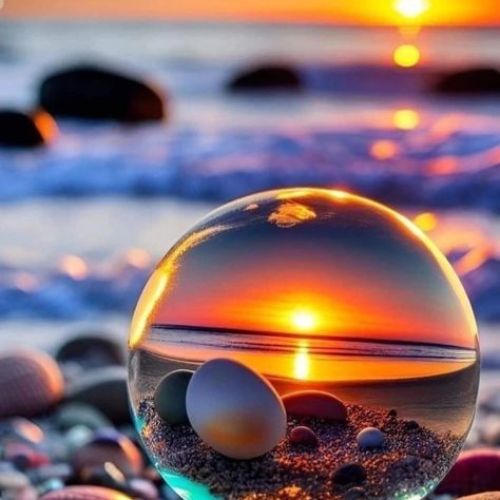A glass ball reflecting rocks with a vibrant sunset in the background, creating a serene and colorful scene