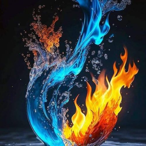 A glass bowl containing flames and water, visually contrasting fire and liquid elements in a single composition