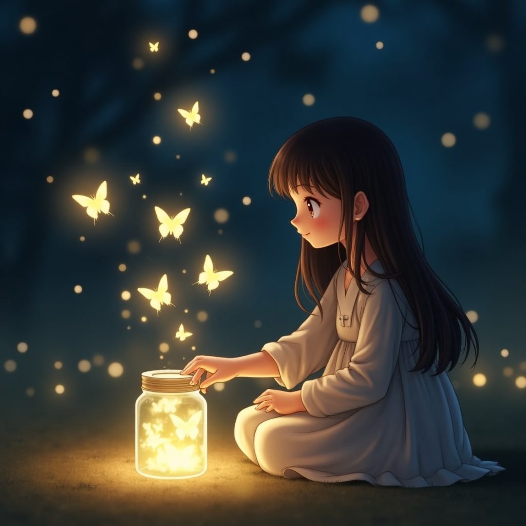 A little girl sits on the ground joyfully watching butterflies escape from an open jar beside her