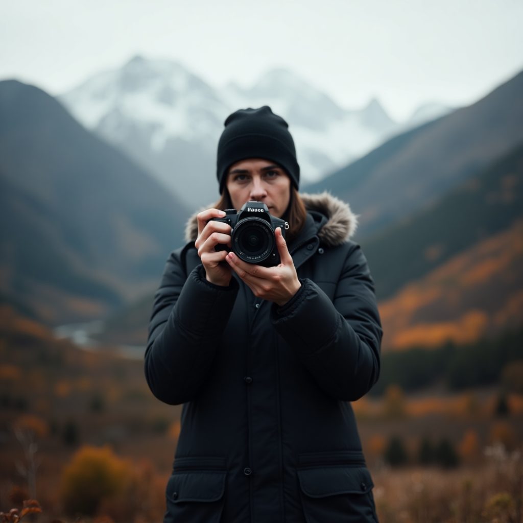 A man capturing an image with his camera, focused on his subject in an outdoor setting