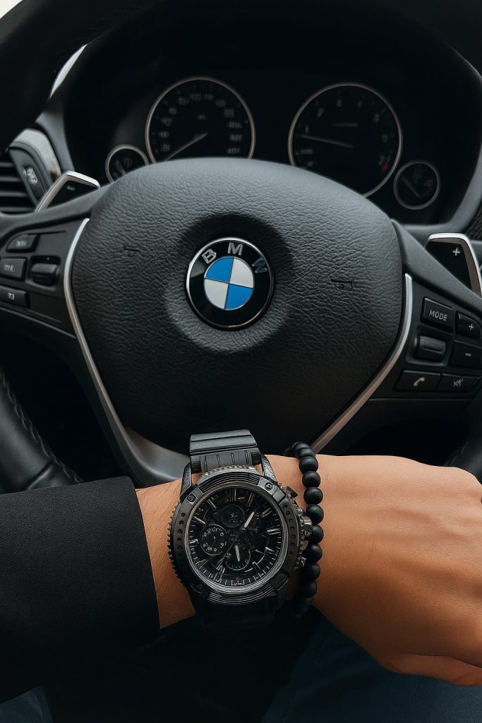 A man driving a BMW, wearing a watch on his wrist
