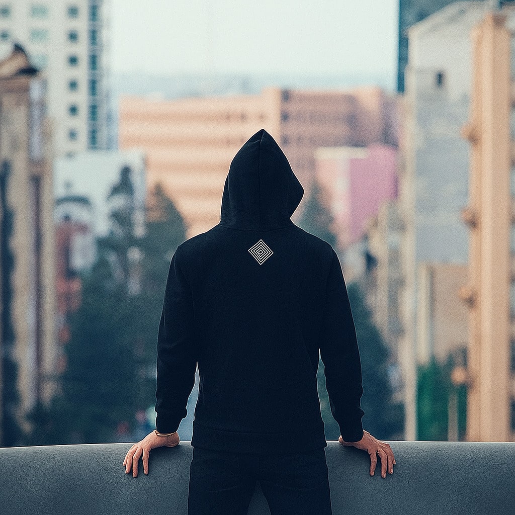 A man wearing a hoodie overlooks a city from a high ledge